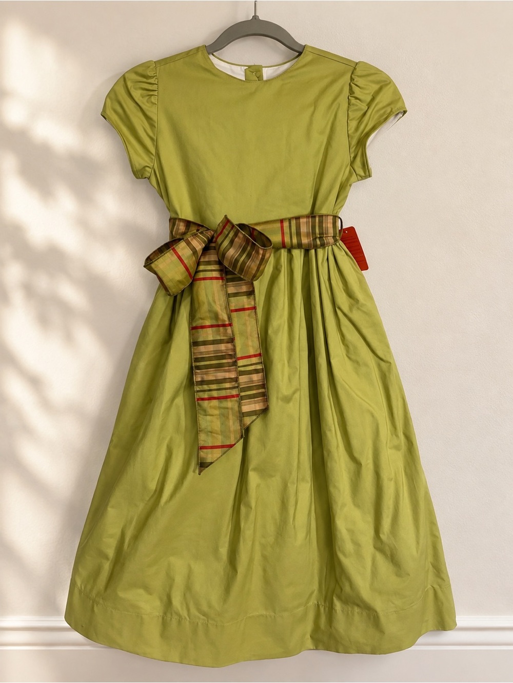 Girls' Olive Green Formal Dress with Striped Waist Sash